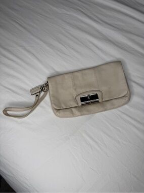 Coach Cream Leather Wristlet Clutch with Silver Hardware